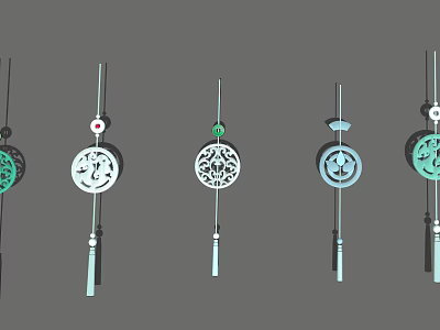 Elegant White And Green Jewelry Pendants With Circular Intricate Cut Out Patterns And Tassels 3d model