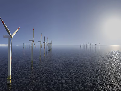Offshore Wind Turbines Industrial Equipment Array In Open Ocean With Blue Sky And Sunlight 3d model