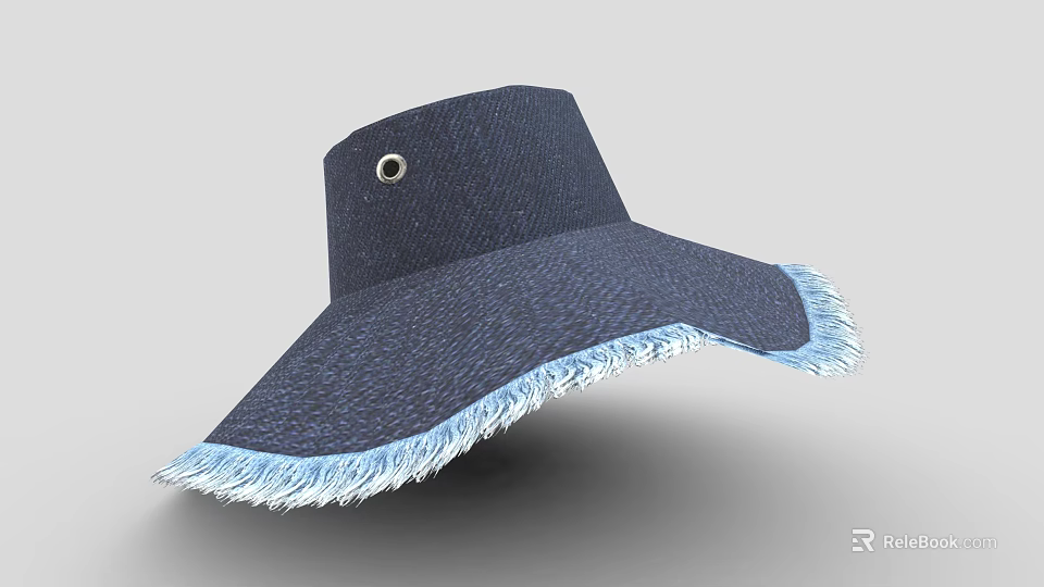 Navy Blue Wide Brim Hat With Fringe Trim And Side Button Detail 3d model 