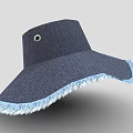 Navy Blue Wide Brim Hat With Fringe Trim And Side Button Detail