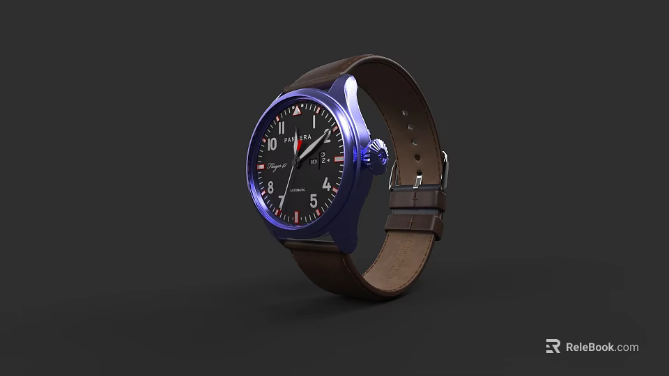 Stylish Modern Watch With Blue Dial And Brown Leather Strap Design 3d model 