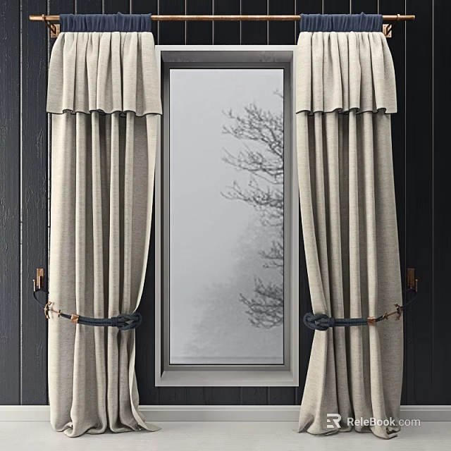 Beige Pleated Top Curtains With Tiebacks By Window Featuring Misty Bare Tree View 3d model 