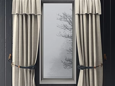 Beige Pleated Top Curtains With Tiebacks By Window Featuring Misty Bare Tree View 3d model