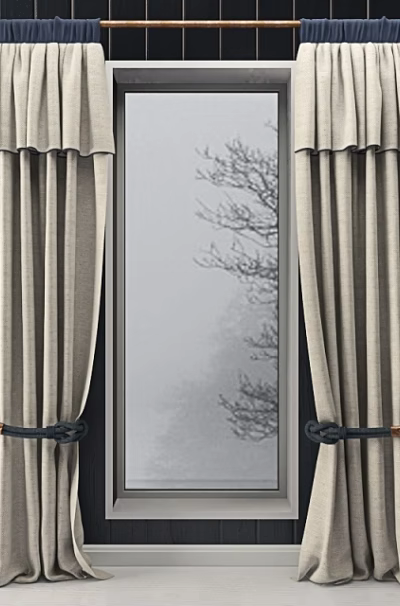 Beige Pleated Top Curtains With Tiebacks By Window Featuring Misty Bare Tree View 3d model