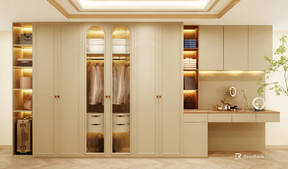 Elegant Modern Wardrobe Interior With Glass Doors Hanging Clothes And Drawers 3d model 
