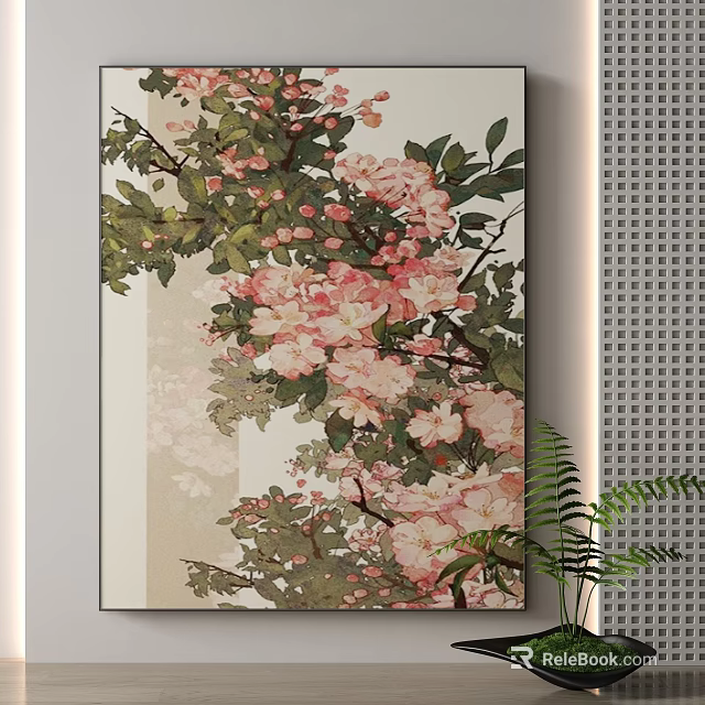 Botanical Wall Art Painting with Pink Blossoms and Green Foliage for Interior Decor 3d model 