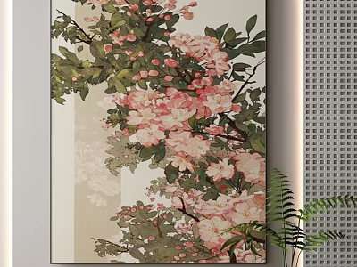 Botanical Wall Art Painting with Pink Blossoms and Green Foliage for Interior Decor 3d model