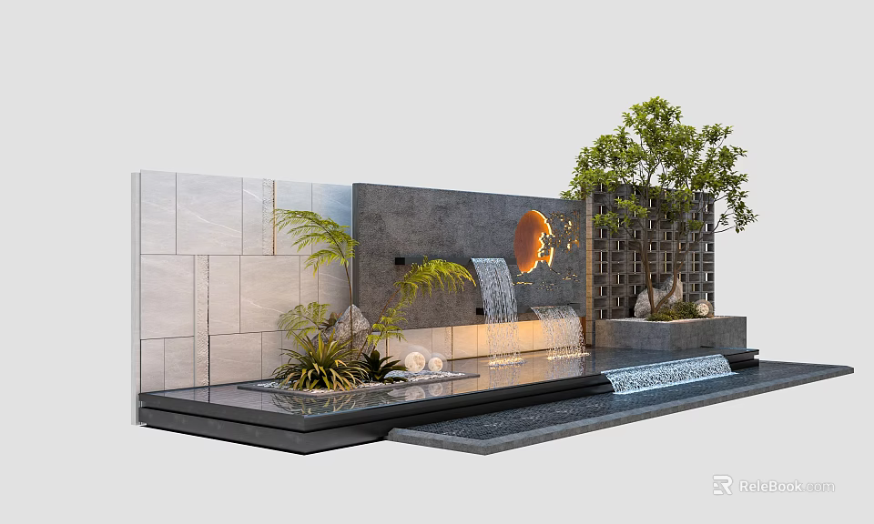 Modern Gray Stone Garden Wall Design With Waterfall Circular Decor And Green Plants 3d model 