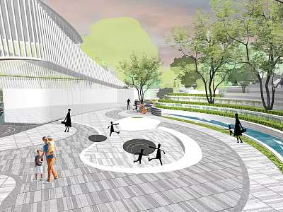 Modern Plaza Landscape Design With Open Space People Activities Trees And Water Features 3d model
