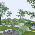 Natural Microtopography Landscape With Green Mounds Diverse Plants And Decorative Stones