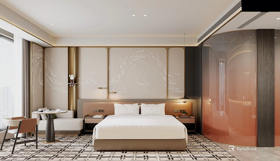 Modern Hotel Guest Room With King Bed Bedside Lamps And Patterned Carpet 3d model 