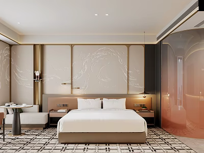Modern Hotel Guest Room With King Bed Bedside Lamps And Patterned Carpet 3d model