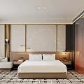 Modern Hotel Guest Room With King Bed Bedside Lamps And Patterned Carpet