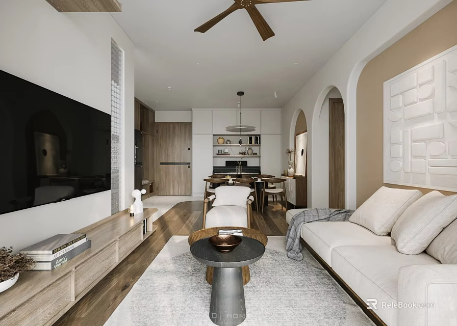 Modern Living and Dining Room Open Layout With White Sofa Coffee Table TV Cabinet And Ceiling Fan 3d model 
