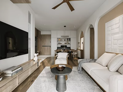Modern Living and Dining Room Open Layout With White Sofa Coffee Table TV Cabinet And Ceiling Fan 3d model