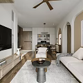 Modern Living and Dining Room Open Layout With White Sofa Coffee Table TV Cabinet And Ceiling Fan