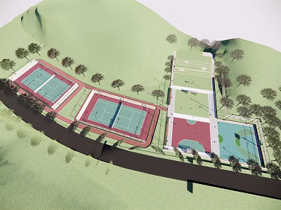 Outdoor Sports Fitness Area With Multiple Tennis Basketball Courts And Green Trees 3d model