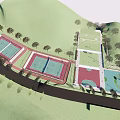 Outdoor Sports Fitness Area With Multiple Tennis Basketball Courts And Green Trees