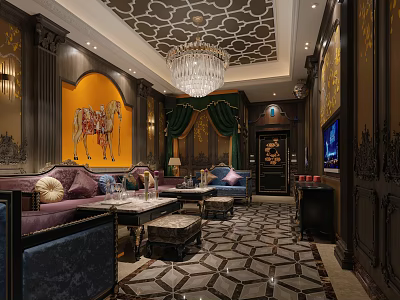 Luxurious KTV Interior With Chandelier Sofa Patterned Carpet And Mural TV 3d model