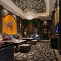Luxurious KTV Interior With Chandelier Sofa Patterned Carpet And Mural TV