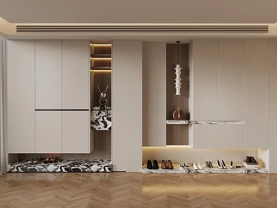 Modern Minimalist Shoe Cabinet Design With LED Lighting Marble Accents And Shoe Display Shelves 3d model