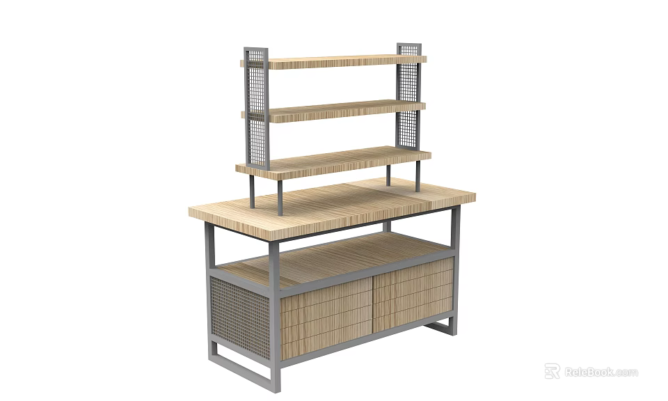 Modern Display Shelf With Multiple Wooden Tiers Metal Frame And Bottom Storage Cabinets 3d model 
