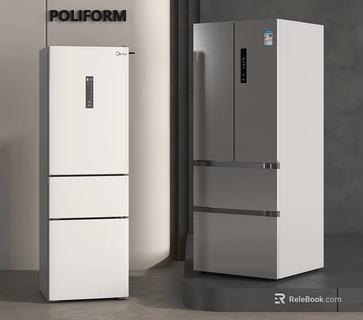 Modern Minimalist White Three Door And Silver Side By Side Refrigerators In Indoor Setting 3d model 