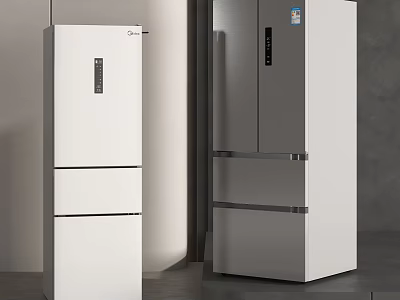Modern Minimalist White Three Door And Silver Side By Side Refrigerators In Indoor Setting 3d model