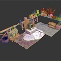 Herbs and Flowers Arrangement With Clay Pots Wooden Shelves Barrels And Jute Rugs