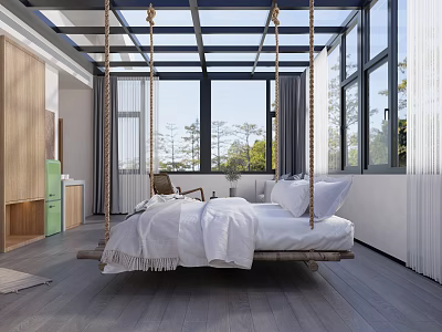 Minimalist Hotel Guest Room Interior With Swing Bed Large Windows And Natural Light 3d model