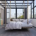 Minimalist Hotel Guest Room Interior With Swing Bed Large Windows And Natural Light