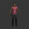 Woman In Pink T Shirt Blue Jeans And Brown Boots Standing On Grey Background