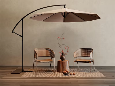 Rattan Outdoor Chairs With Arc Umbrella Side Table Flower Vase Woven Rug On Wooden Floor 3d model