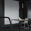 Public Office Space With Red Wall Black Furniture Computer Monitors Chalkboard Wall And Window View