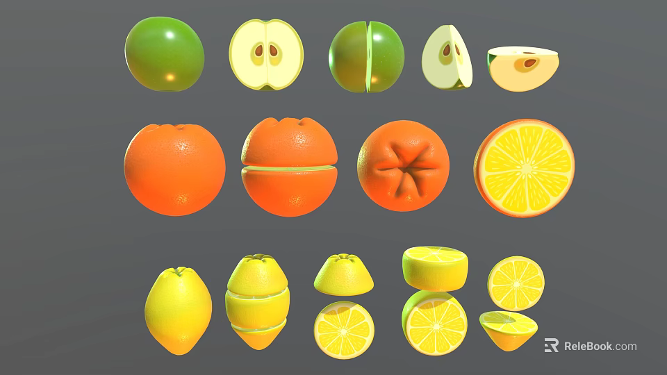 Assorted Fresh Fruits Green Oranges Lemons Whole and Sliced Display Varieties 3d model 