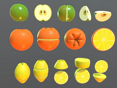 Assorted Fresh Fruits Green Oranges Lemons Whole and Sliced Display Varieties 3d model