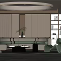 Modern Living Room Interior With Curved Sofa Round Coffee Table Green Plants And Unique Chair