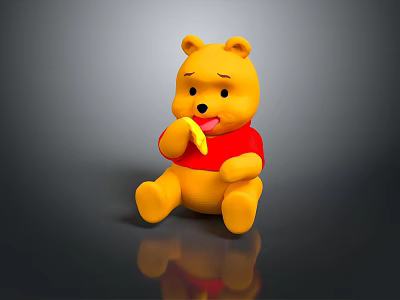 Cute Winnie the Pooh Toy Figure Sitting On Black Surface Holding Banana In Red Shirt 3d model