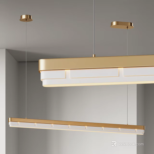 Modern Gold Rectangular Chandelier with White Light Panels Hanging in Interior 3d model