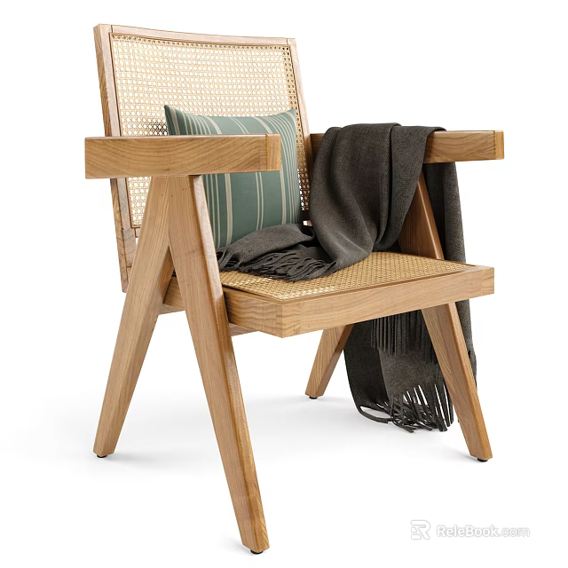 Wooden Frame Leisure Chair With Rattan Backrest Green Striped Cushion And Dark Blanket 3d model 