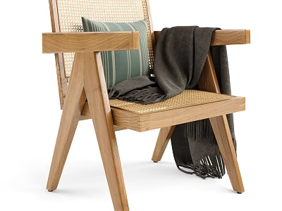 Wooden Frame Leisure Chair With Rattan Backrest Green Striped Cushion And Dark Blanket 3d model