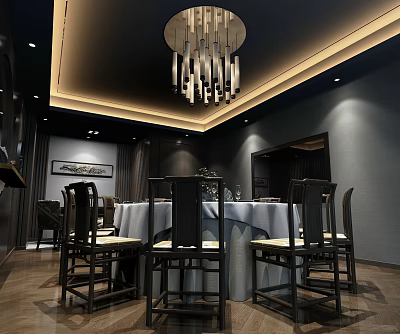 Elegant Chinese Private Dining Room With Round Table Black Chairs Pendant Light And Wall Decor 3d model