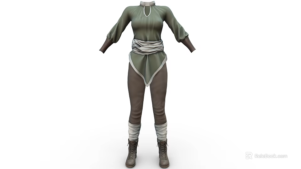 Green Long Sleeve Tunic With Brown Pants White Waist Sash And Brown Boots 3d model 