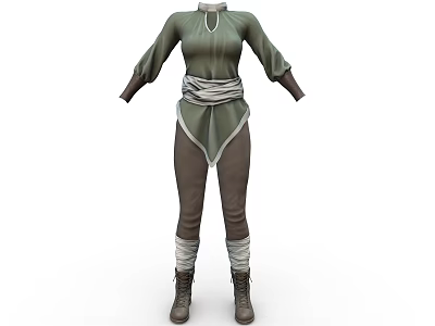 Green Long Sleeve Tunic With Brown Pants White Waist Sash And Brown Boots 3d model