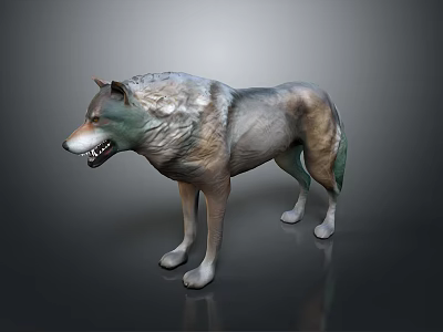 3D Wolf Model Standing Pose With Realistic Fur Texture On Dark Background 3d model