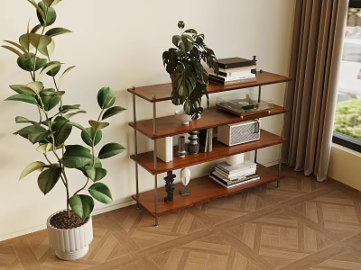 Wooden Multi Tiered Storage Shelf Unit With Plants Books And Decorative Items In Living Room 3d model