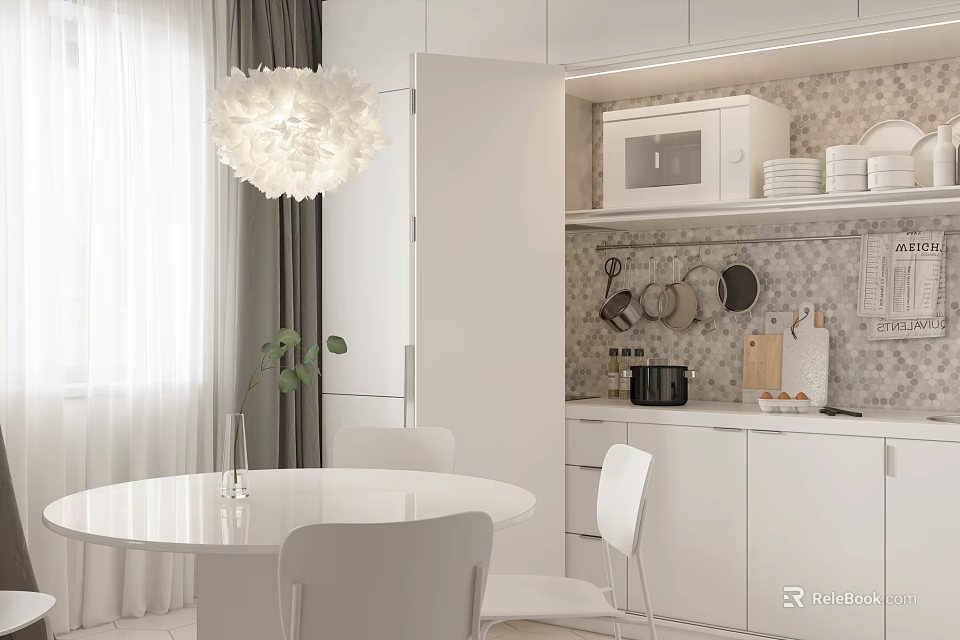Modern White Dining Area With Round Dining Table White Chairs Floral Pendant Light And Cabinets 3d model 
