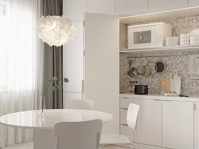 Modern White Dining Area With Round Dining Table White Chairs Floral Pendant Light And Cabinets 3d model