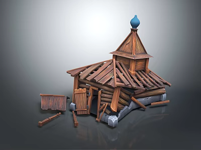 Traditional Wooden Building With Damaged Roof Blue Dome And Scattered Planks 3d model