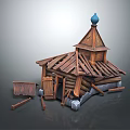 Traditional Wooden Building With Damaged Roof Blue Dome And Scattered Planks